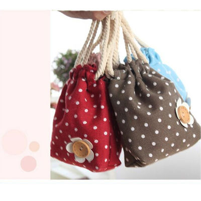 ผ้าสำลีโปรโมชั่น Polka Dot Mini Handbag Drawstring Bag กระเป๋าพับกระเป๋าขนาดและสีที่กำหนดเองสำหรับ Shopping Gift