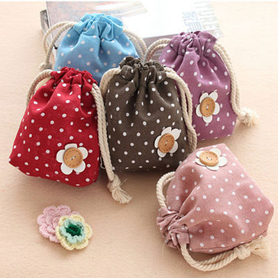 ผ้าสำลีโปรโมชั่น Polka Dot Mini Handbag Drawstring Bag กระเป๋าพับกระเป๋าขนาดและสีที่กำหนดเองสำหรับ Shopping Gift