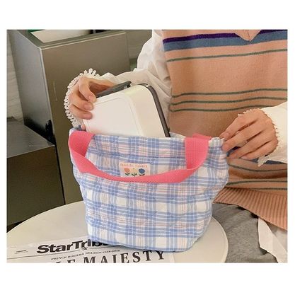 JK Style Insulated Lunch Bag Reusable Tartan Design Cooler Drawstring Picnic Bag