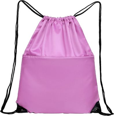 210D ไนลอนพับได้ Sports Gym Drawstring Tote Bag Pack Sack W กระเป๋าข้างมีซิปสำหรับผู้ชายผู้หญิง สีชมพู