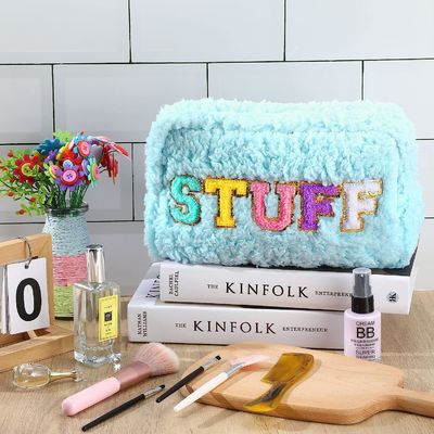 Travel Chenille Letters Plush Preppy Makeup Bag Small Shockproof With Zipper