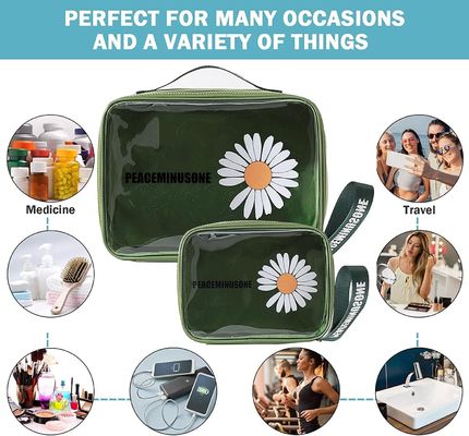 Daisy Transparent Cosmetic PVC Waterproof Travel กระเป๋าแต่งหน้า สีเขียว สำหรับผู้หญิง ผู้ชาย